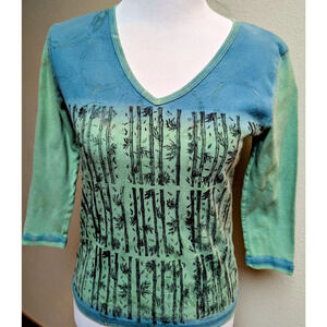One-of-a-Kind Hand Dyed & Stamped Bamboo Print Top | Blue Green | Size Small